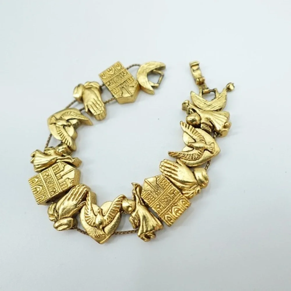 VTG Gold‎ Tone Religious Bracelet Praying Hands Angel Dove Panel Ornate 7